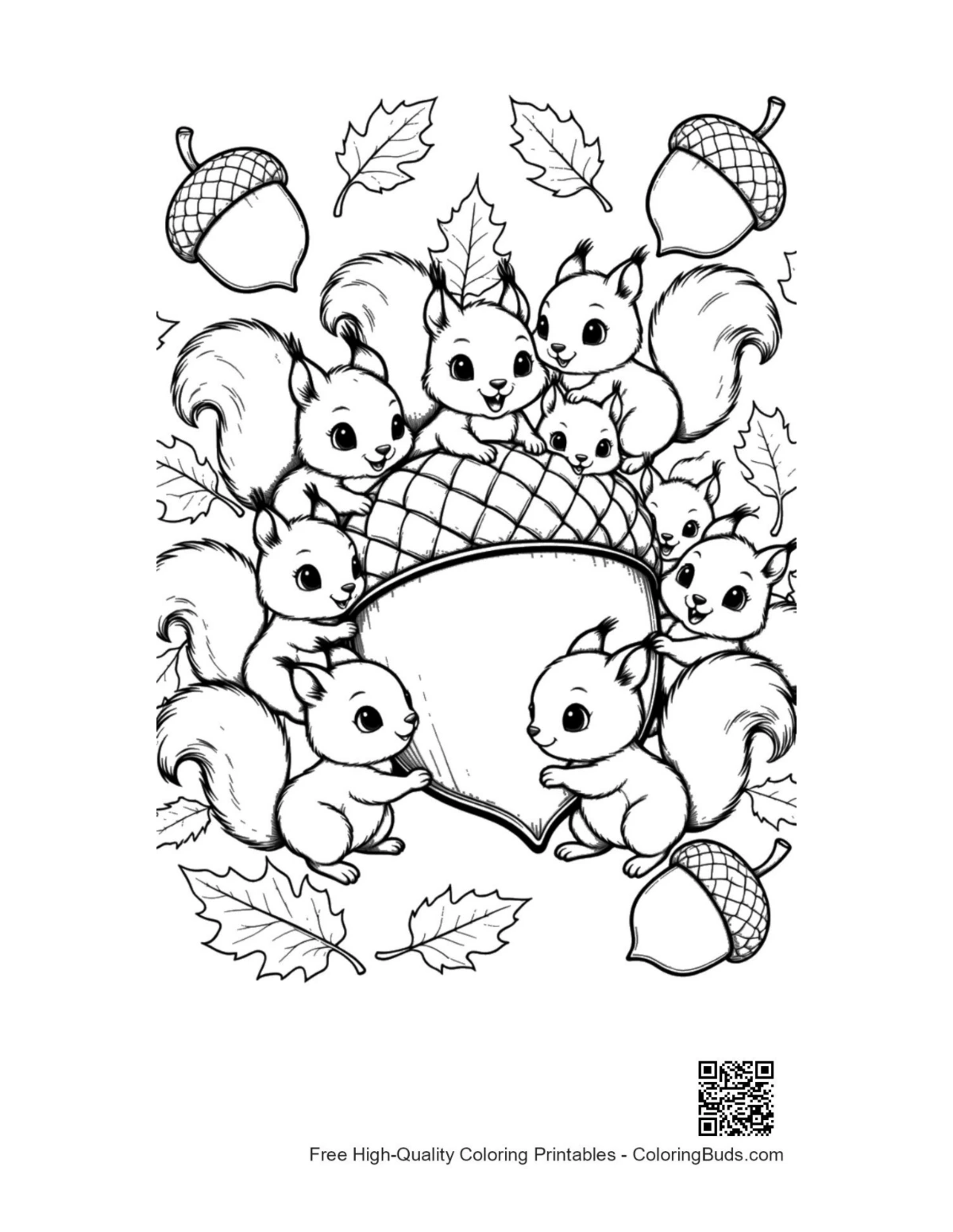 small squirrels climbing big acorn coloring page printable