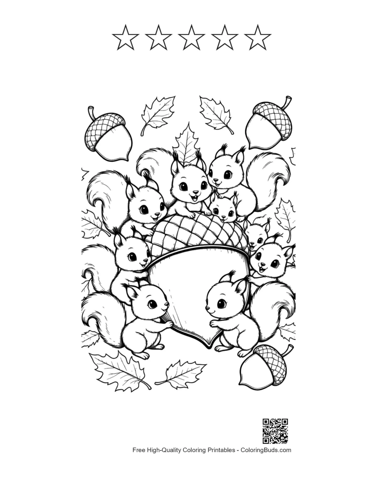 squirrels climbing acorn coloring page with 5-star outline