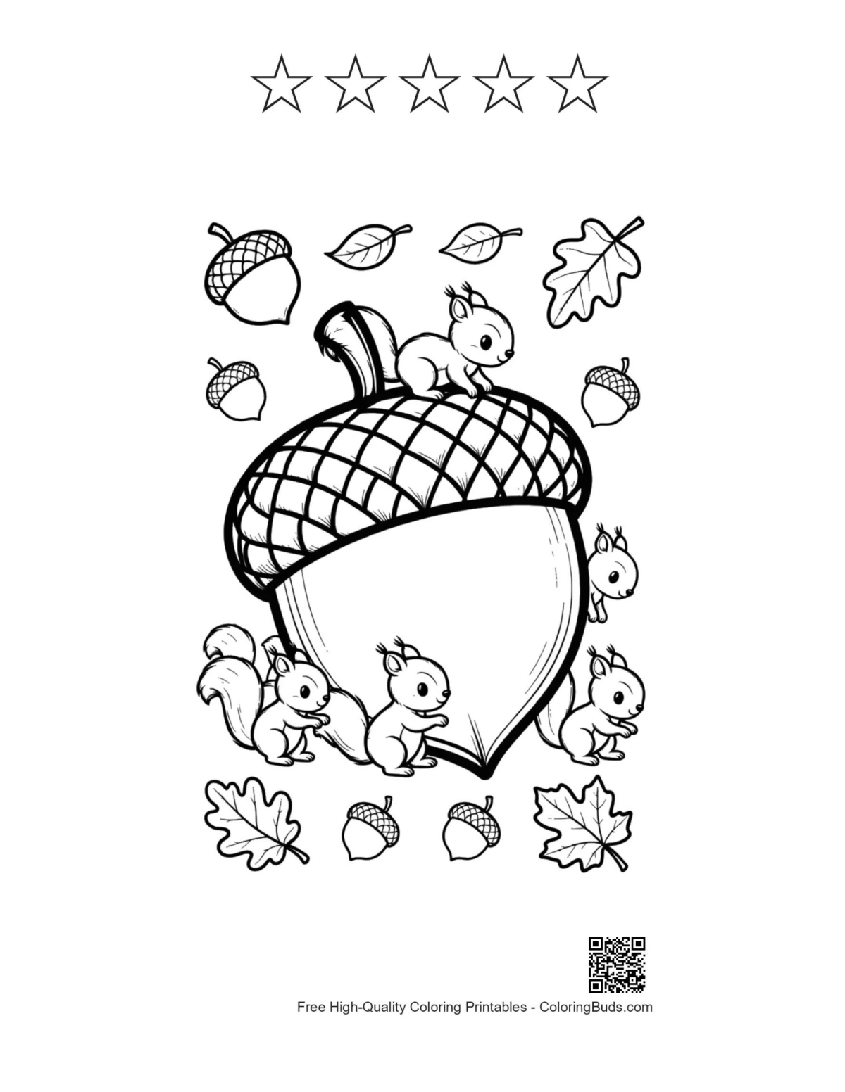 Eichel mit Eichhörnchen und 5-Stern-Umriss druckbar