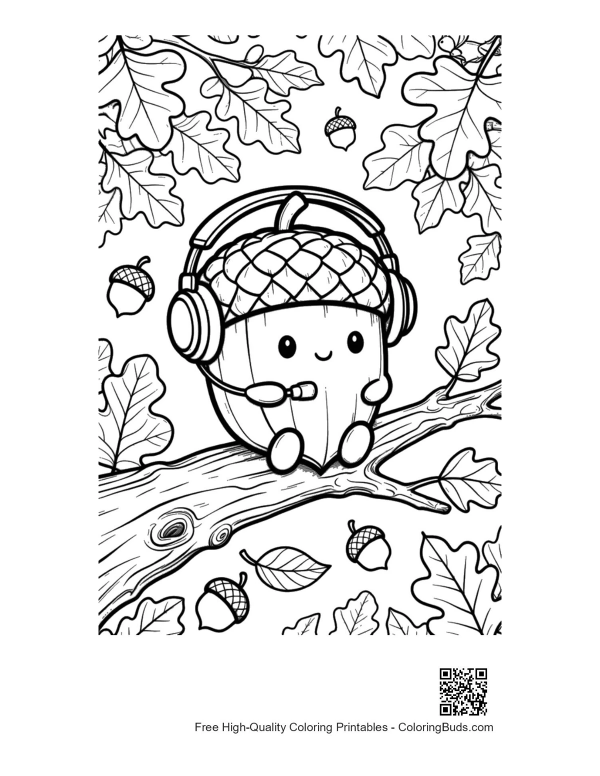 Printable leaves and acorns coloring page outline