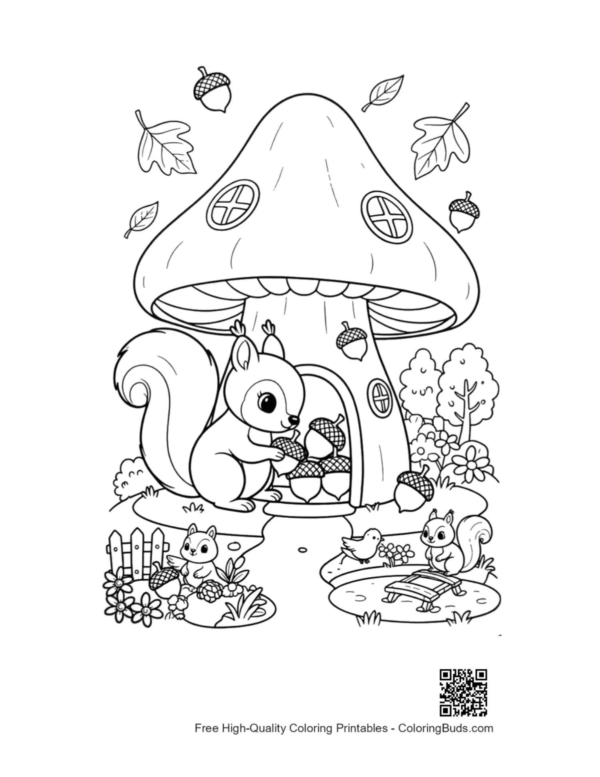 Leaves acorns printable coloring page for kids
