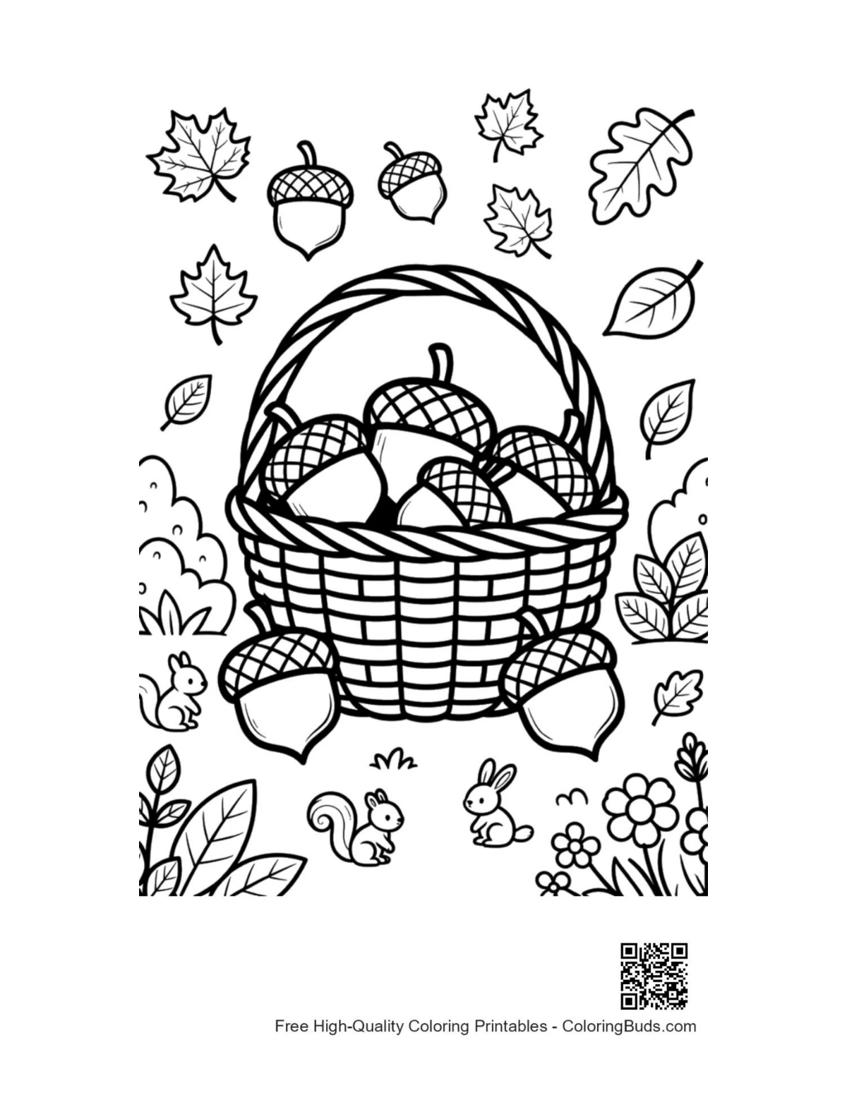 Printable leaves and acorns coloring page outline