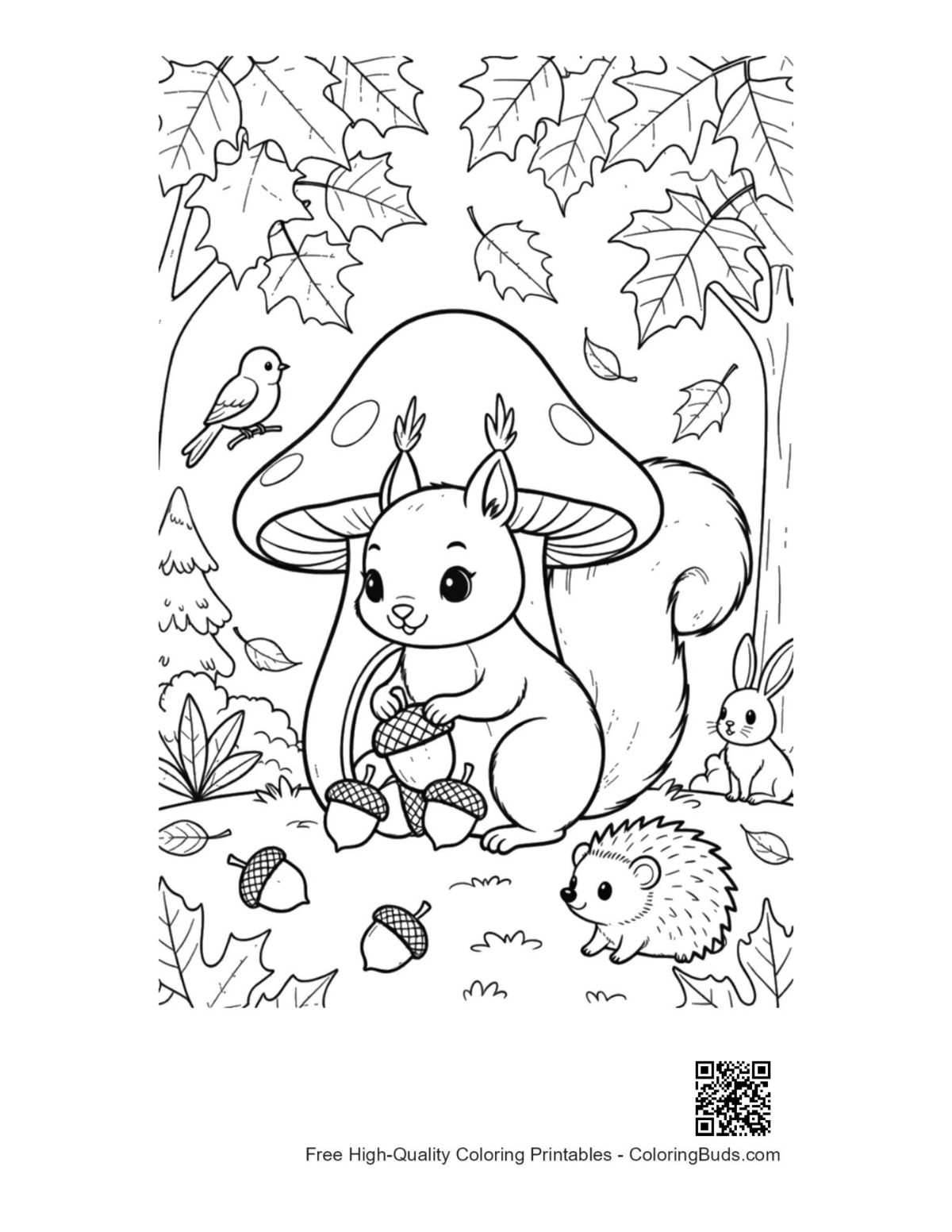 Little squirrel under large mushroom coloring page