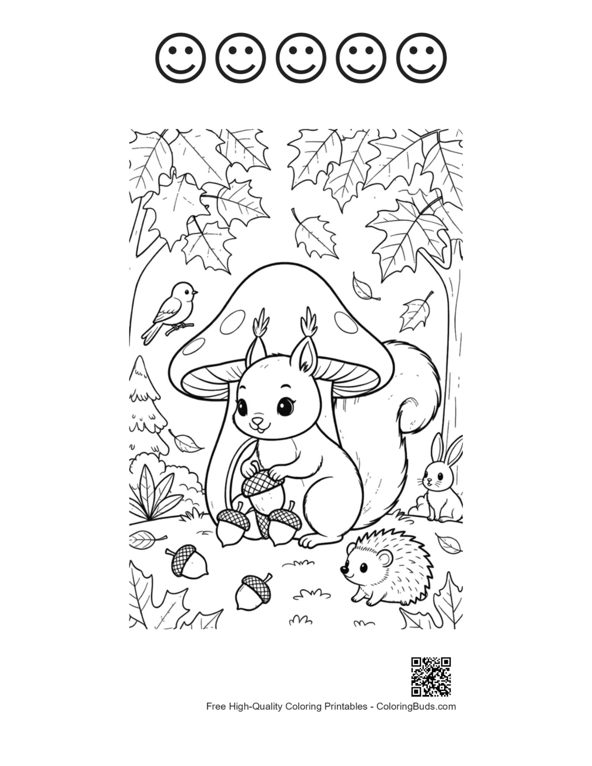 Squirrel coloring page with 5 happy faces