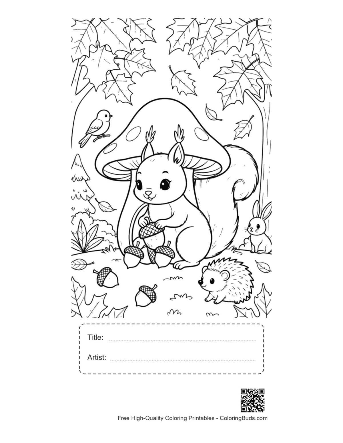 Squirrel mushroom coloring page with title box
