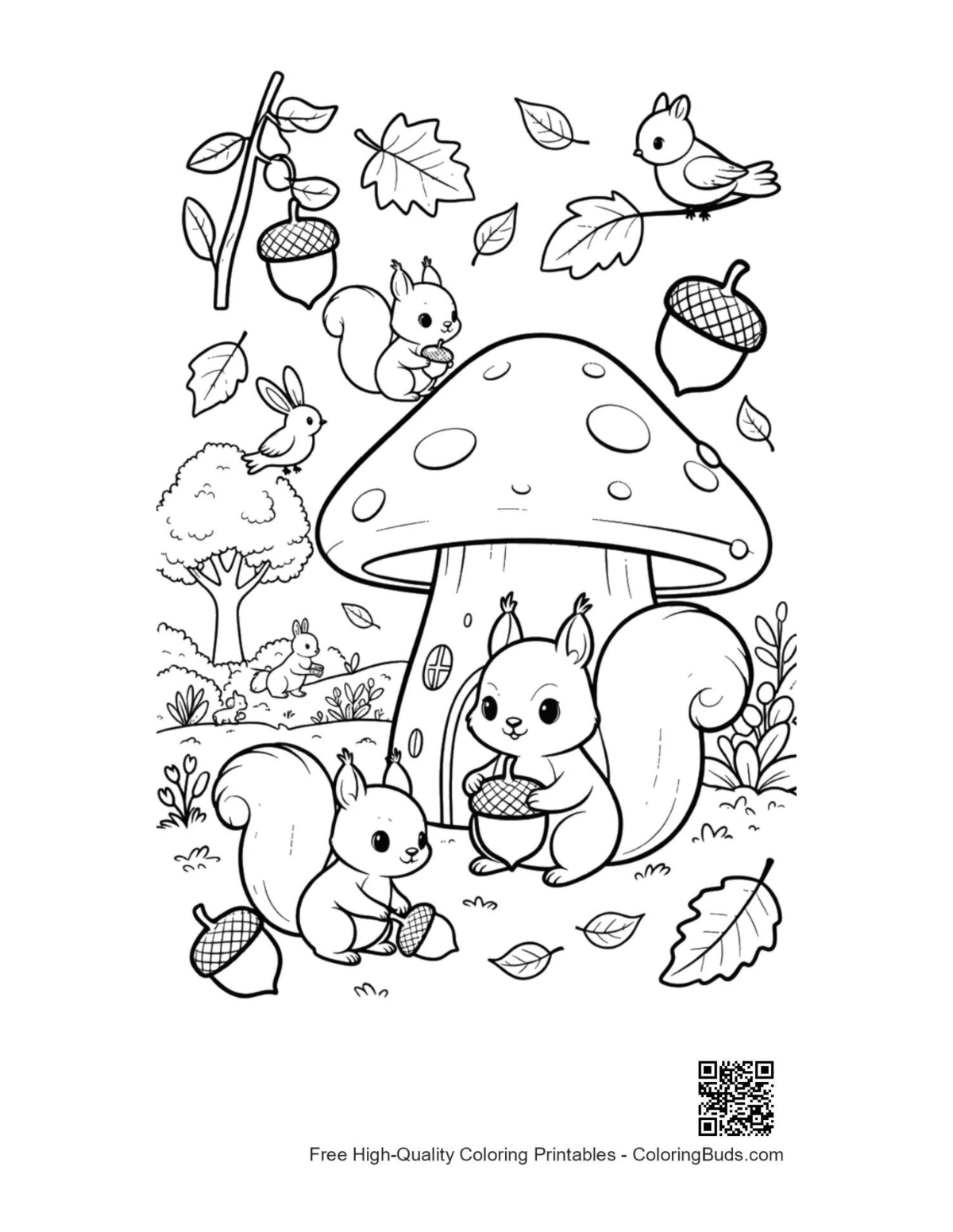 Magical forest squirrel mushroom coloring page printable