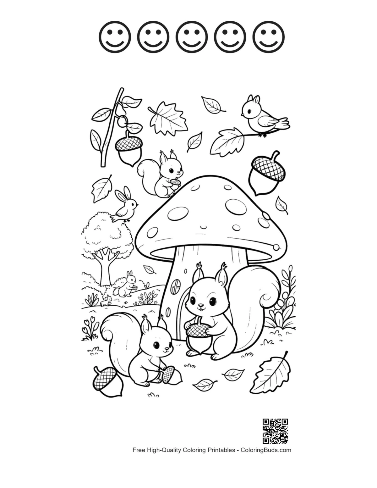Forest coloring sheet with 5 happy faces and squirrel