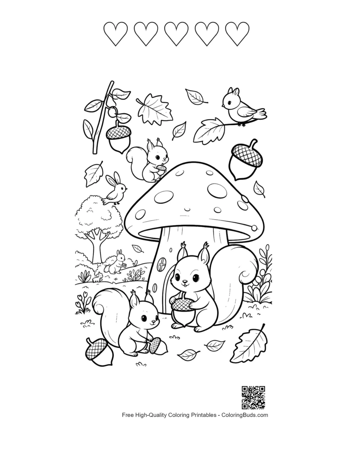 Squirrel forest printable with 5 heart outlines