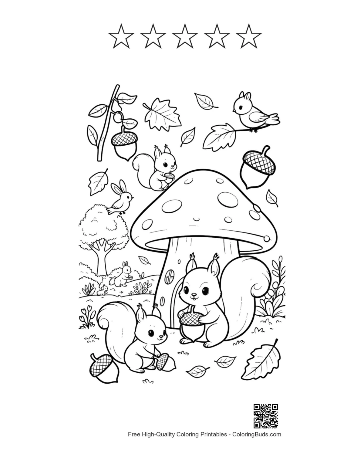 Squirrel mushroom coloring page with 5 star outlines
