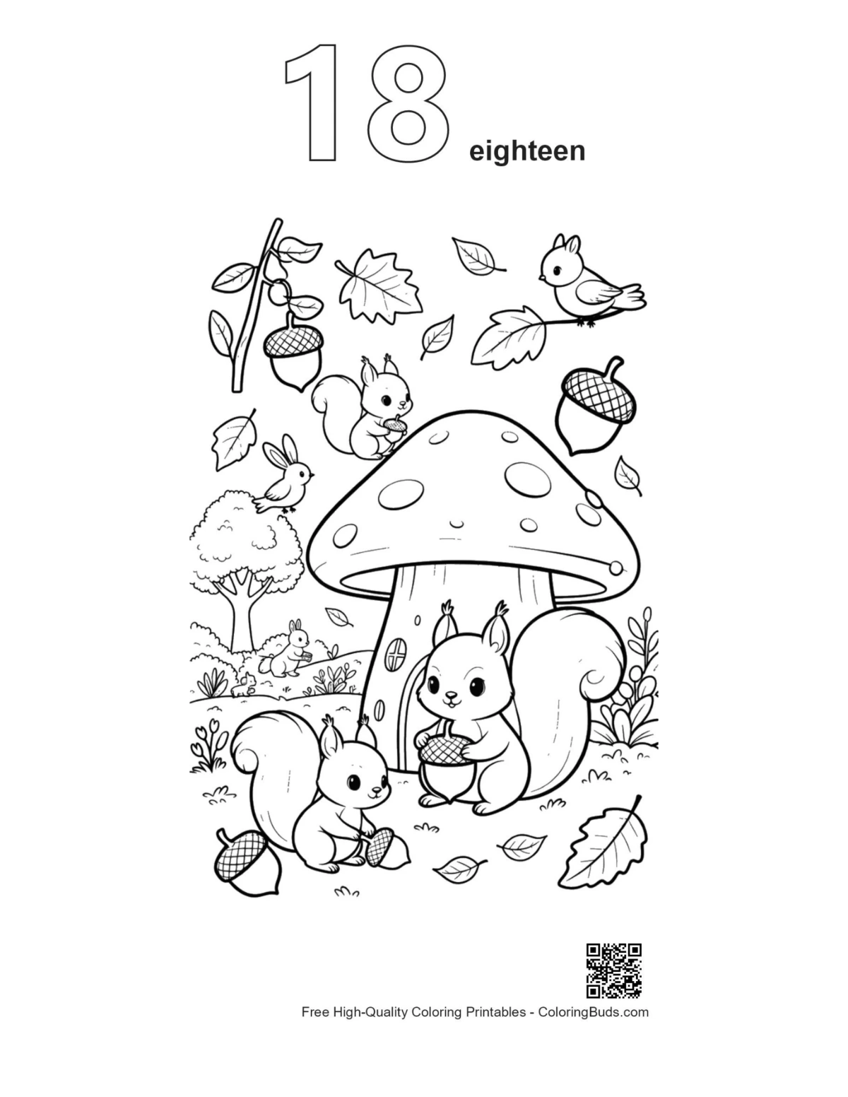 Forest squirrel coloring outline number 18 printable