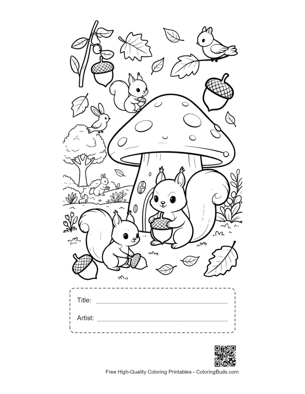 Squirrel mushroom forest coloring page with title box