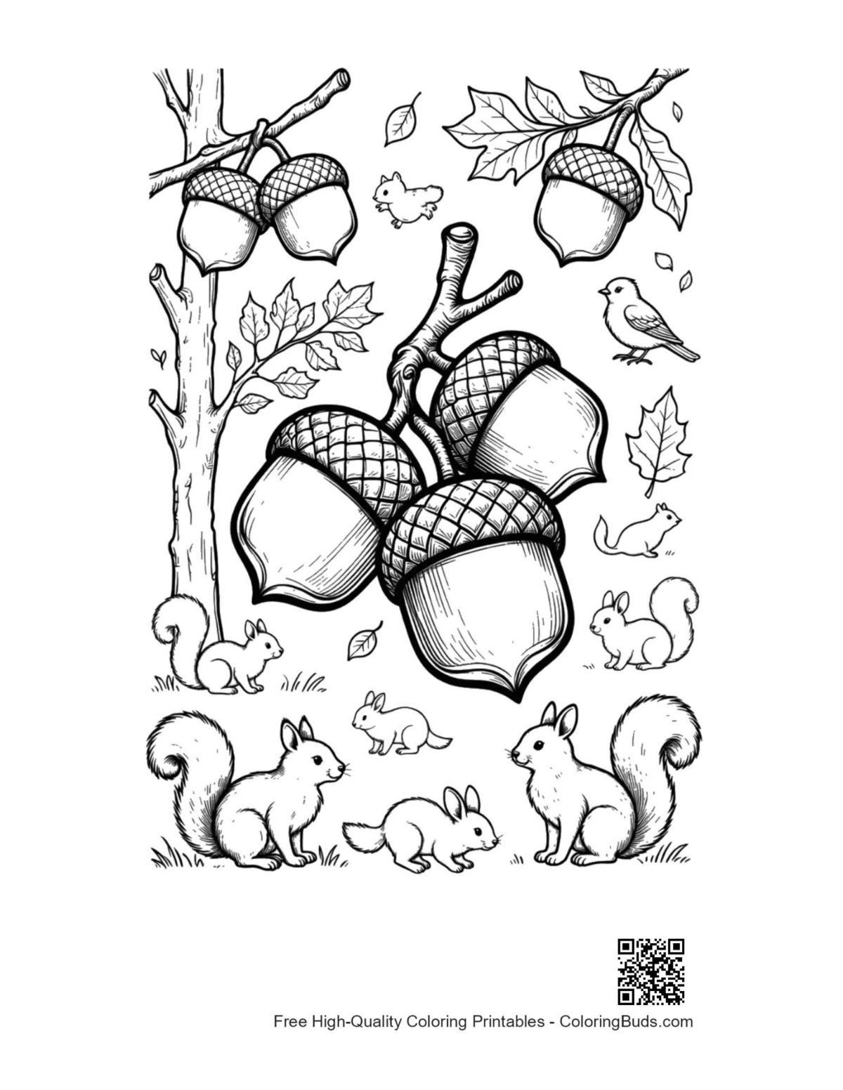 Simple acorn oak leaf fall coloring printable