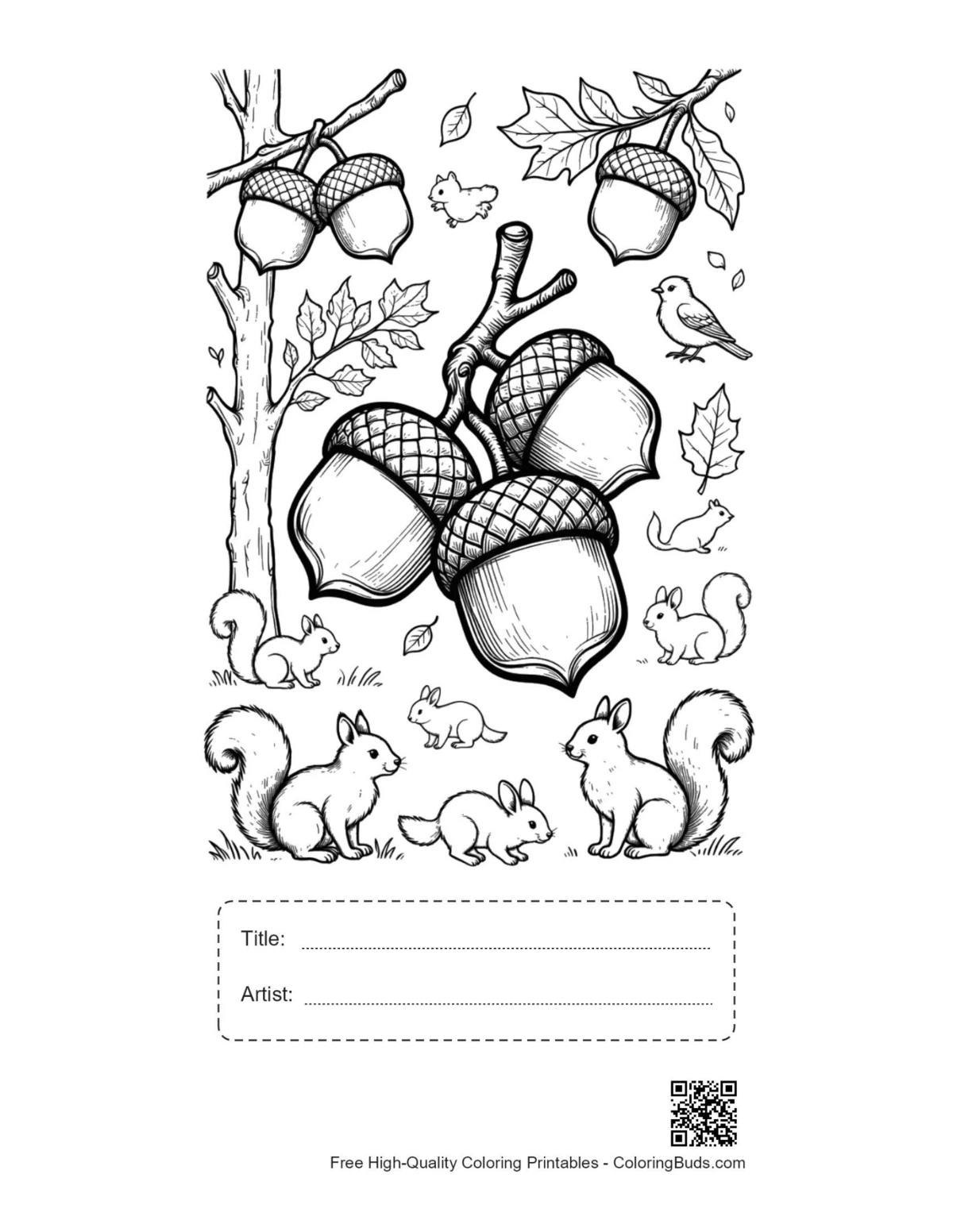 Acorn leaf fall printable with title artist box
