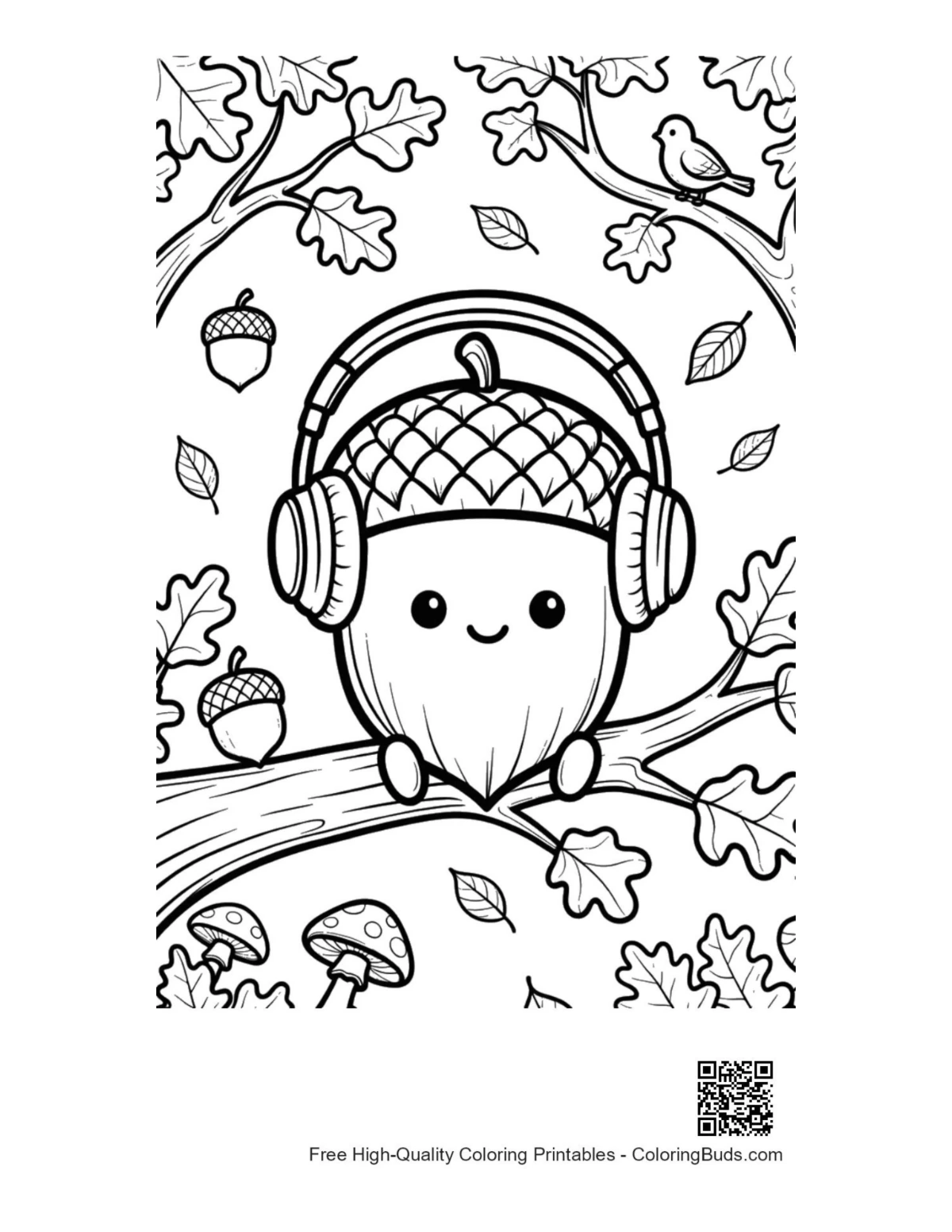 Smiling acorn headphones forest coloring printable