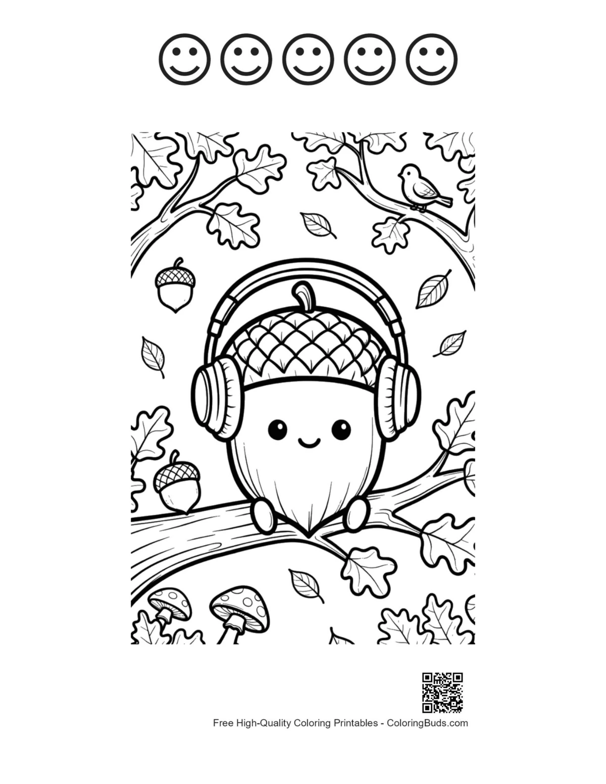 Smiling acorn forest headphones with happy faces outline