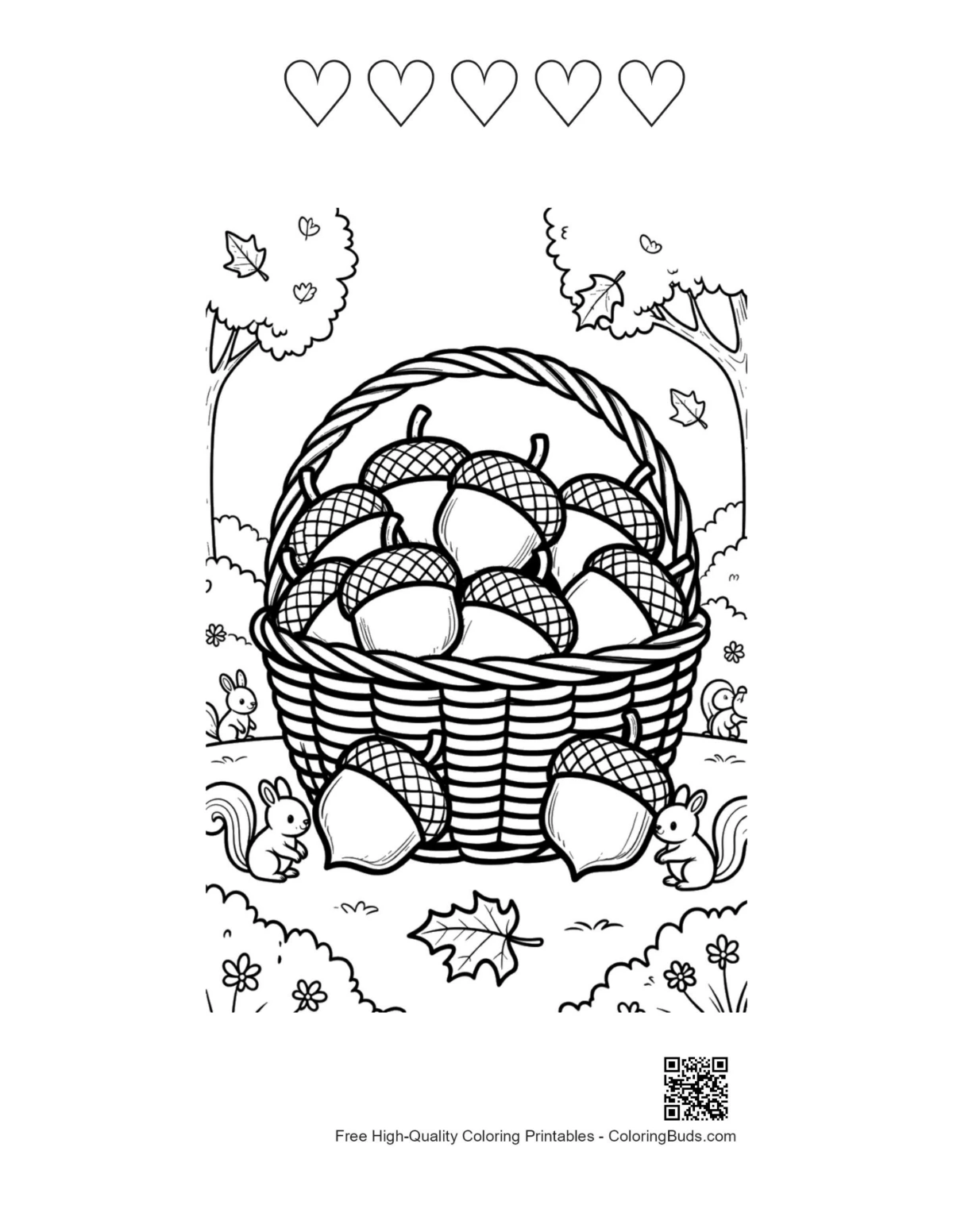 Printable acorns wicker basket with five heart outlines
