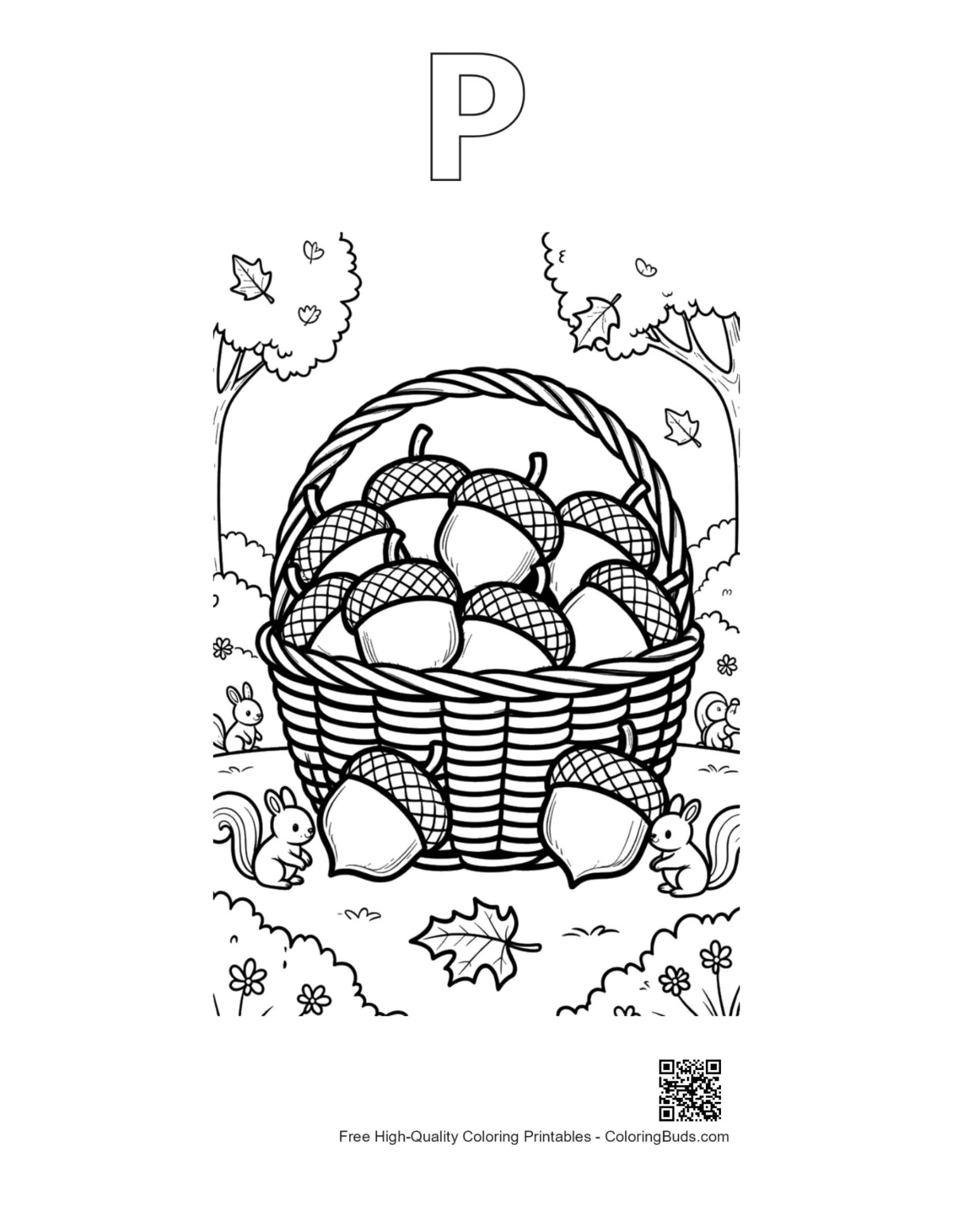 Wicker basket acorns coloring page with outline alphabet letter P