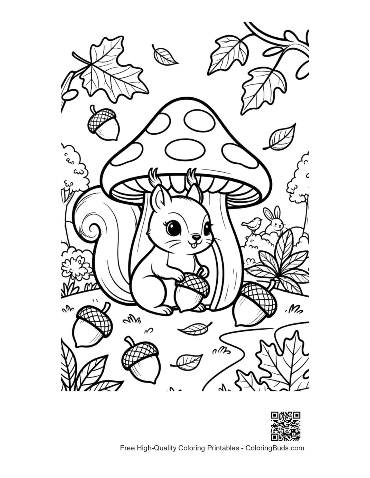 Woodland squirrel holding acorn by toadstool coloring page
