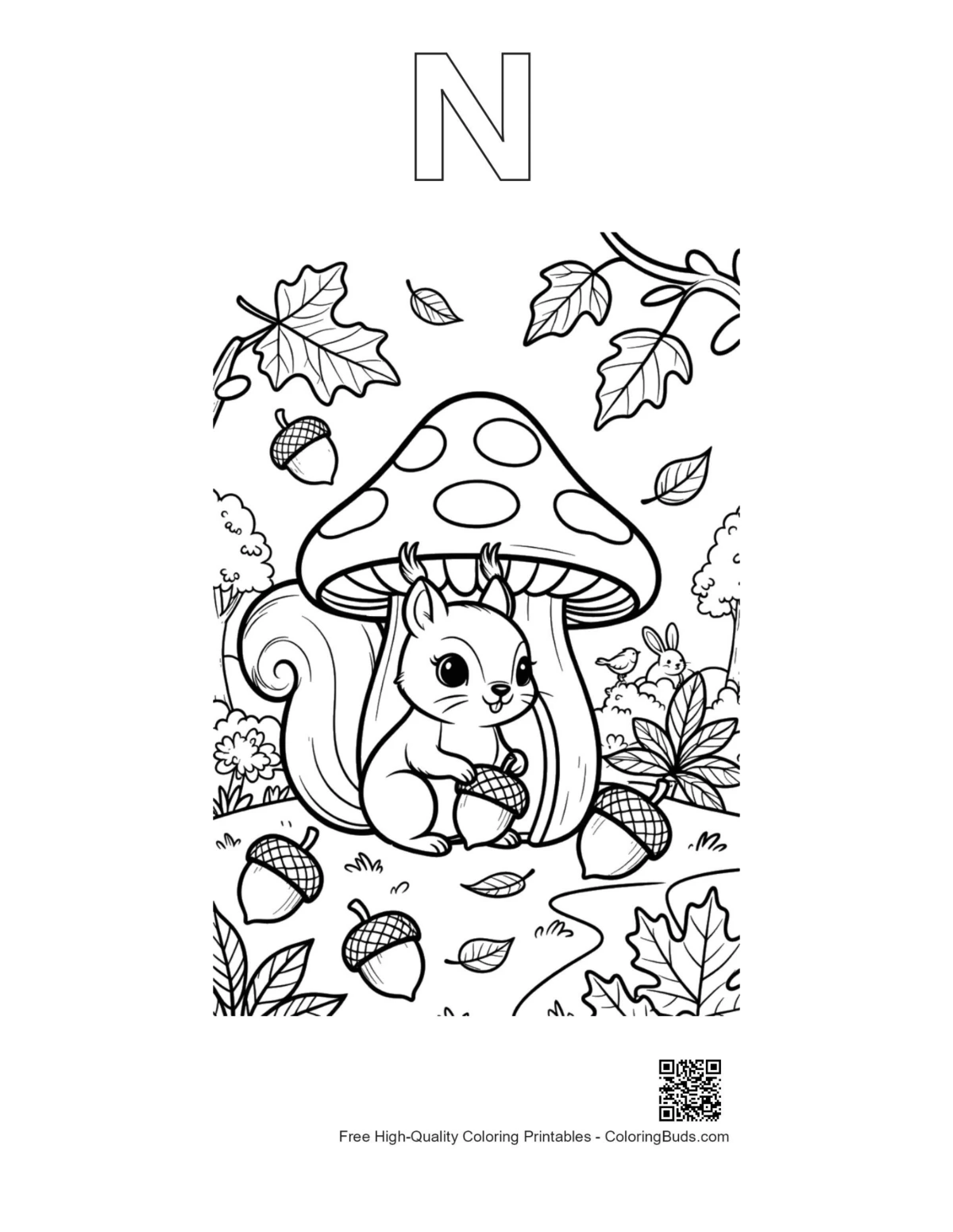 Squirrel acorn toadstool coloring page with alphabet N outline