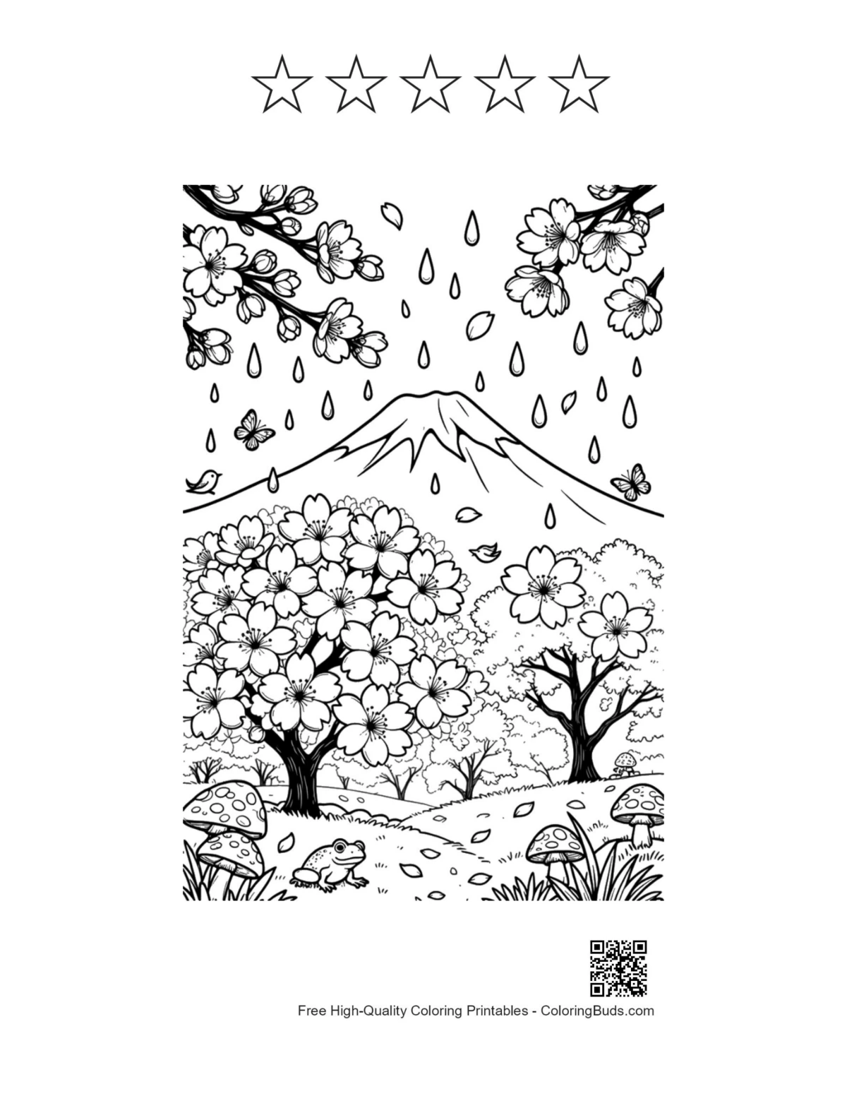 Blooming trees flowers rainy mountain 5 star outline
