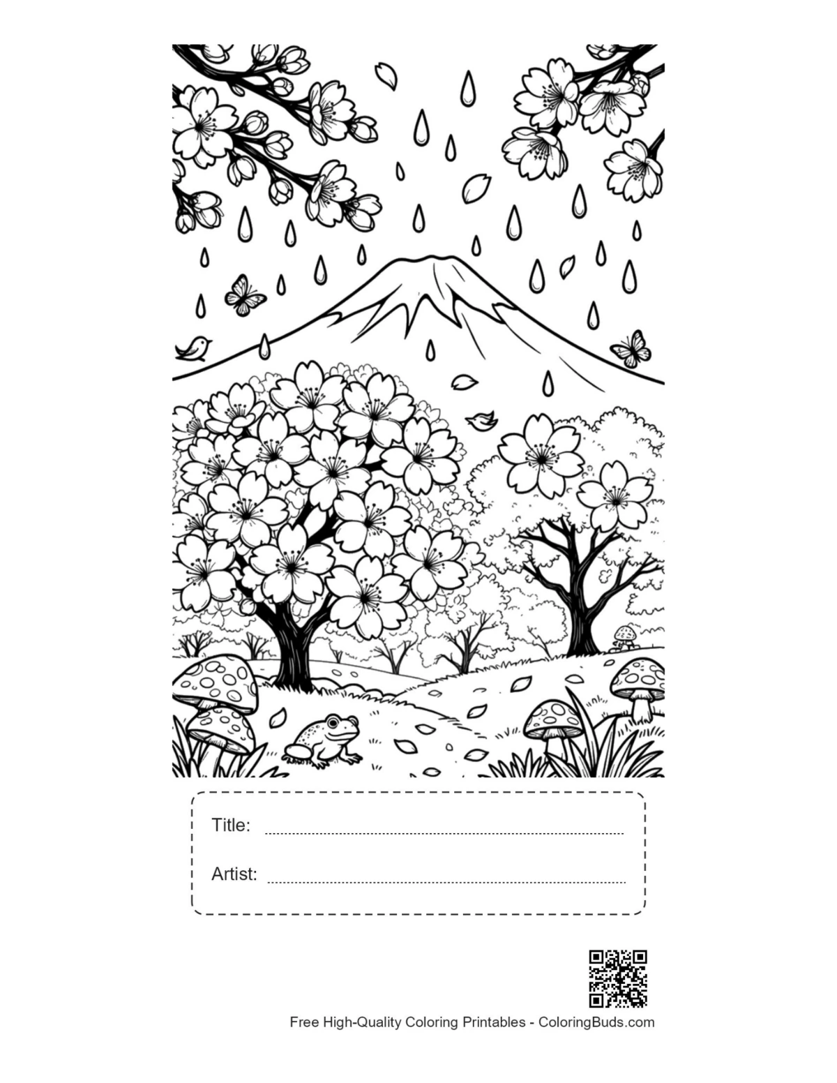 Blooming trees flowers rainy mountain printable title box