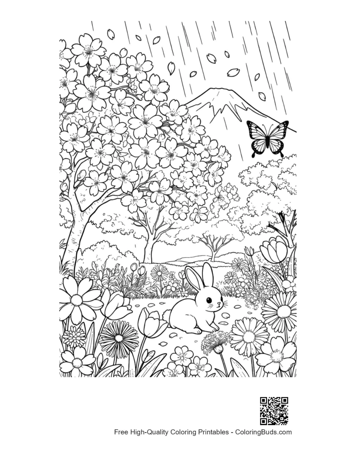 Printable butterfly over wet garden flowers coloring page