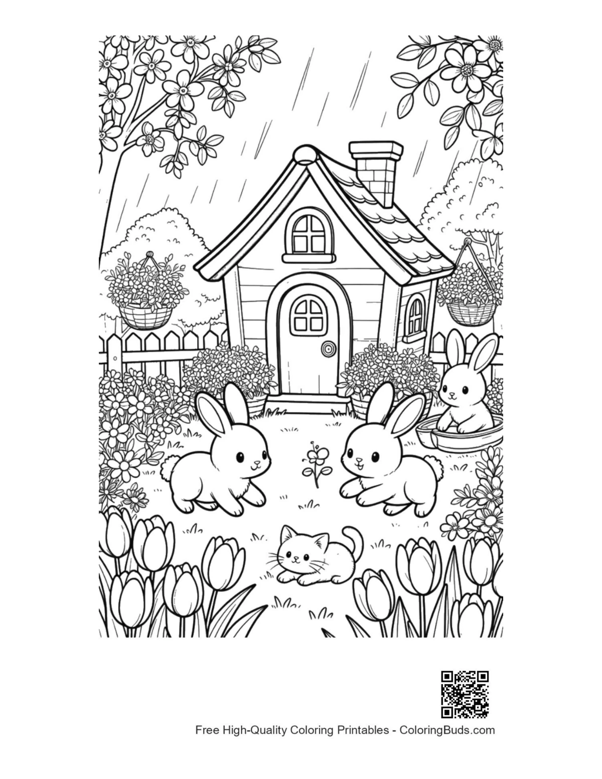 Cute bunnies rainy garden cottage coloring printable