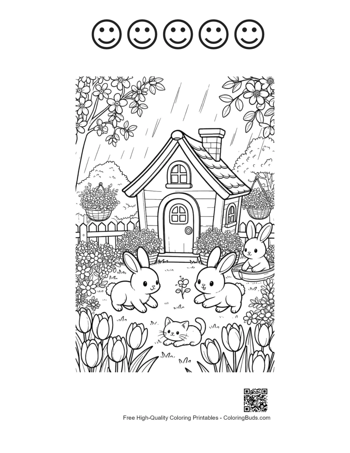 Bunnies cottage rainy garden 5 happy faces outline printable