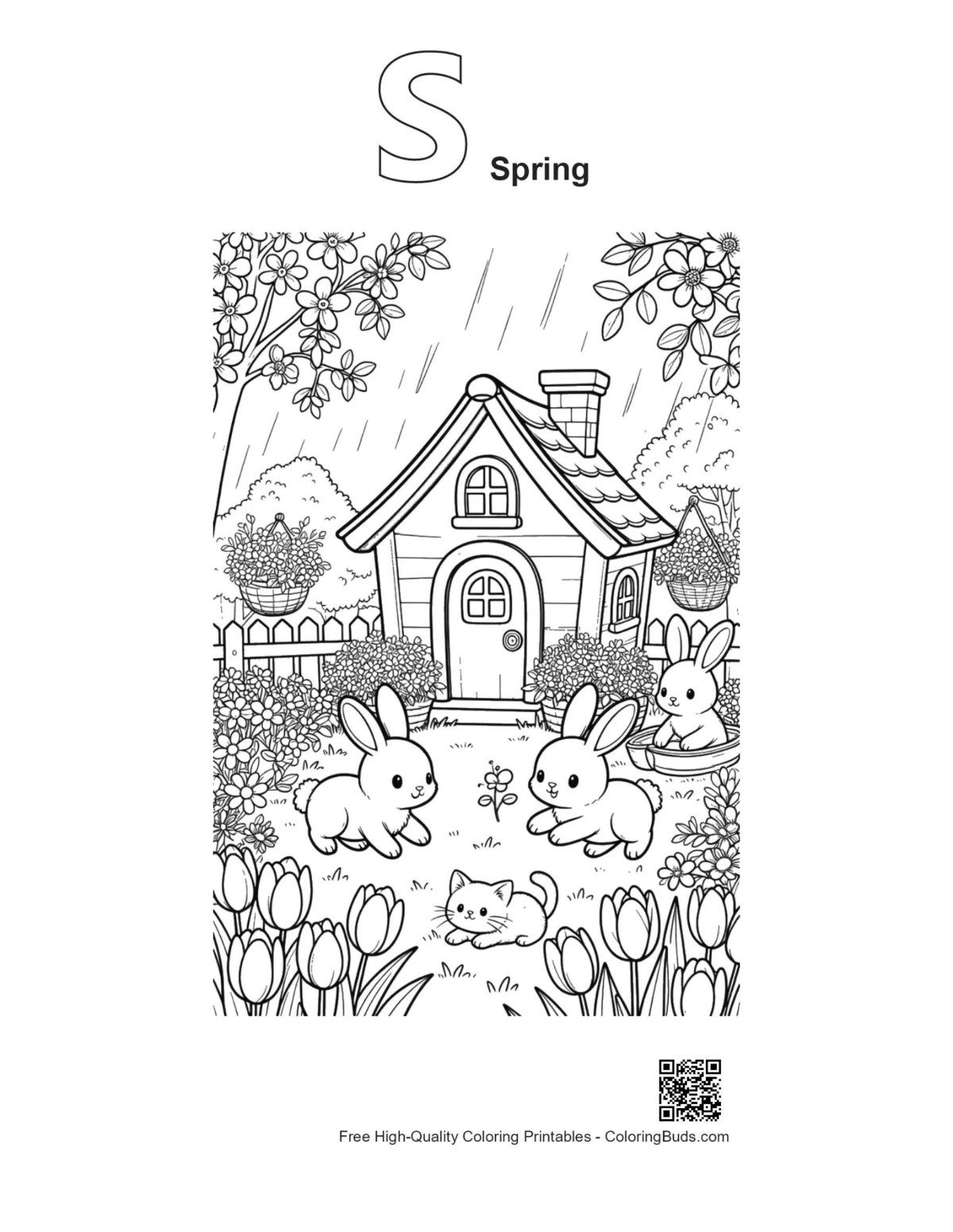 Bunnies rainy garden alphabet S spring outline printable