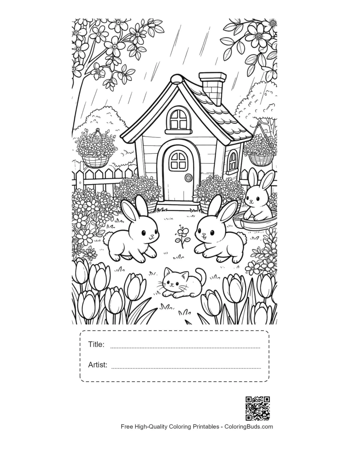 Cute bunnies printable with title artist box rainy garden