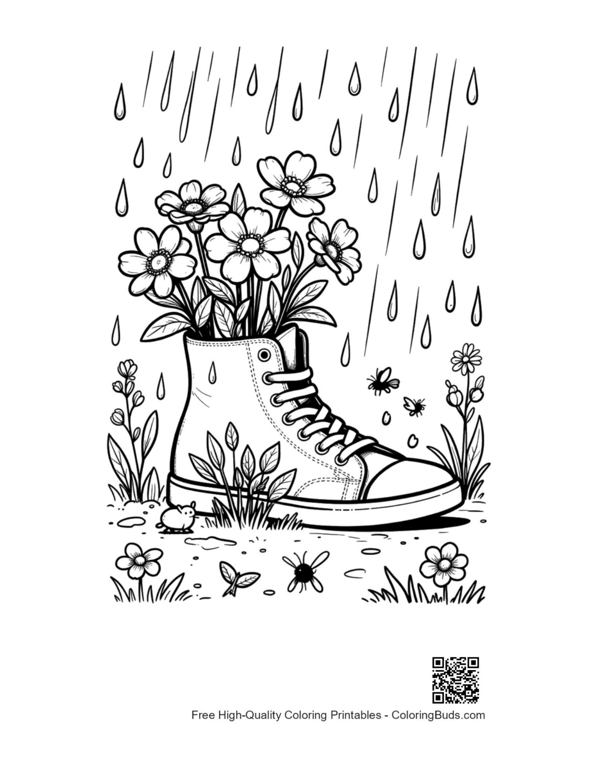 Cute flowers under rain coloring page free printable PDF