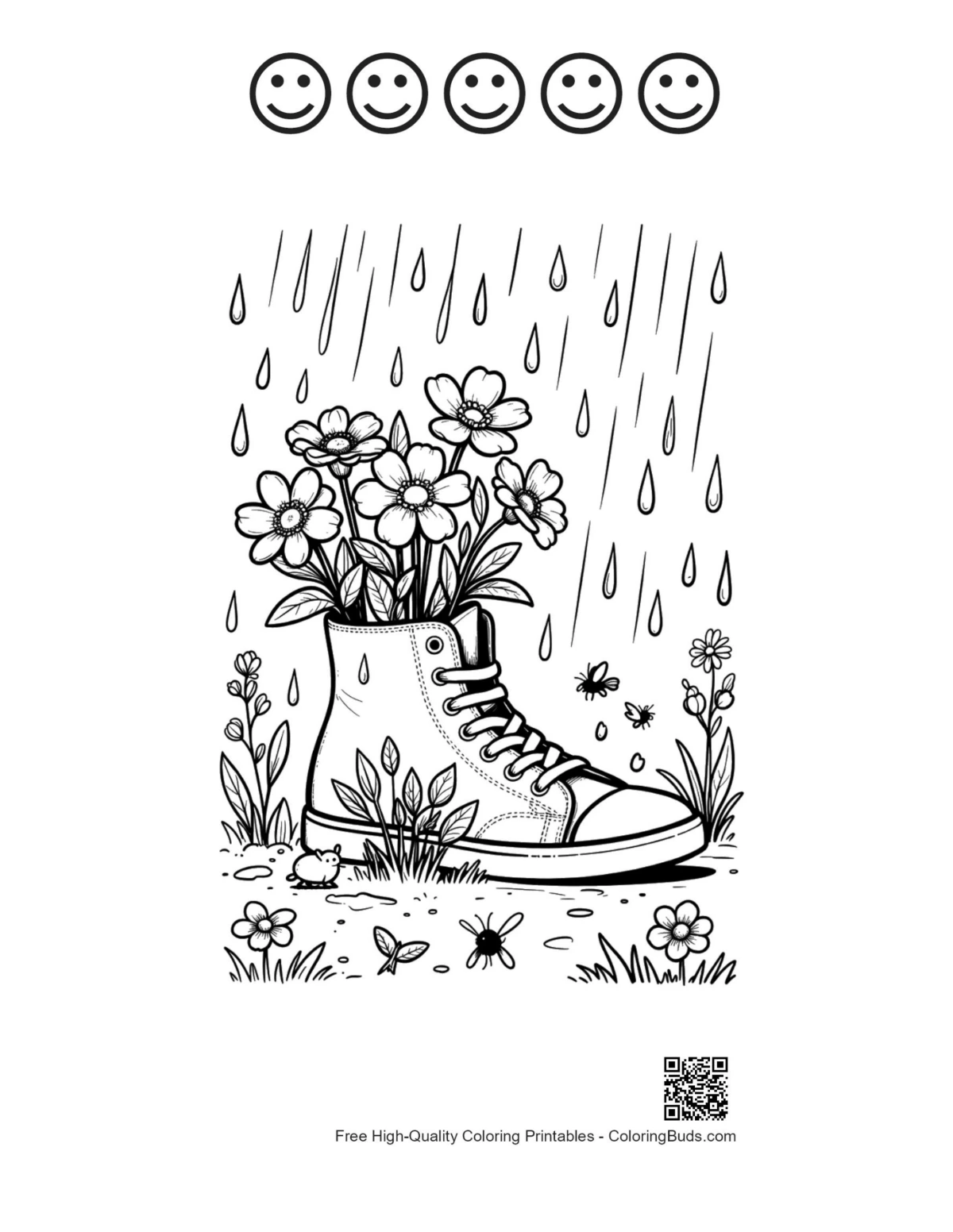 Printable cute flowers rain page with 5 happy face outlines