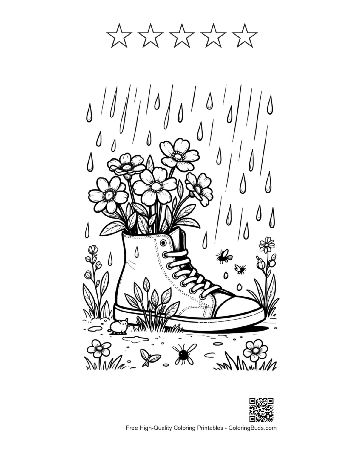 Cute flowers rain coloring printable with five star outlines