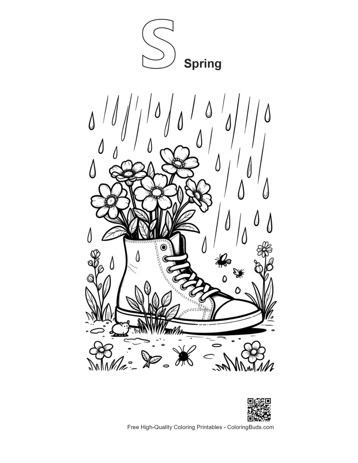 Spring alphabet S outline with cute flowers rain coloring printable