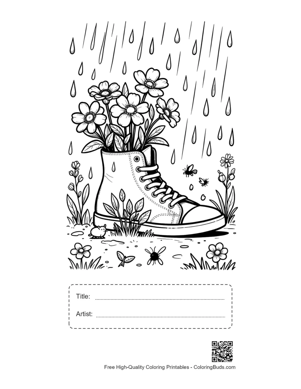 Cute flowers rain printable with title artist box outline page