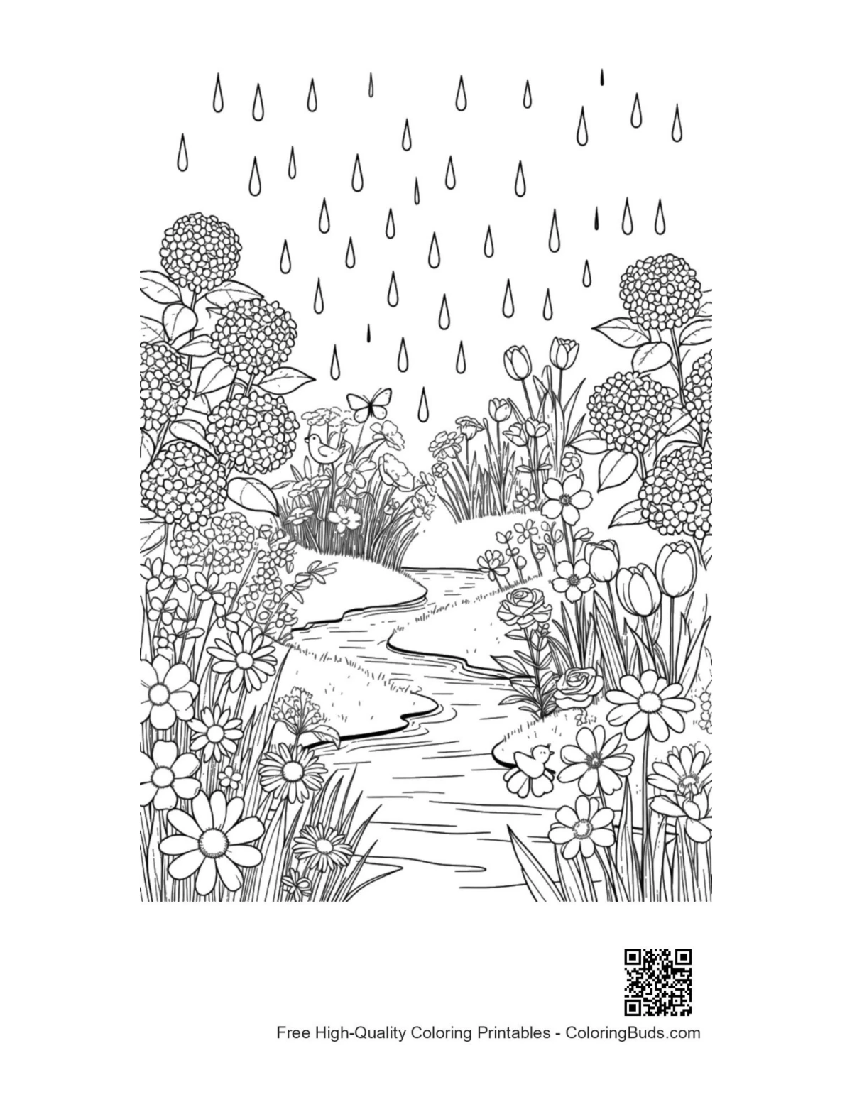 Flowers rain printable coloring page for kids