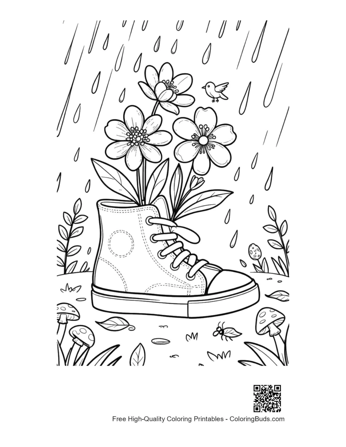 Easy flowers rain coloring printable page