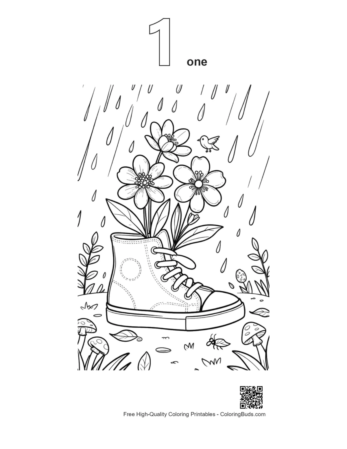 Easy flowers rain outline coloring page number 1