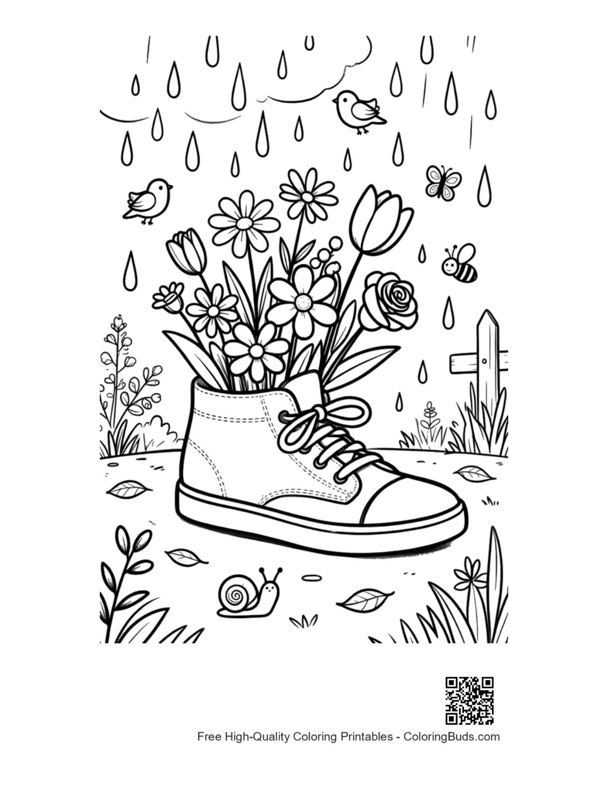 Flowers blooming in sneaker rain printable coloring
