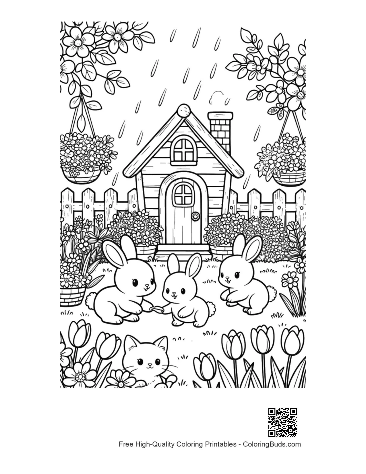 Printable flowers rain coloring sheet for kids