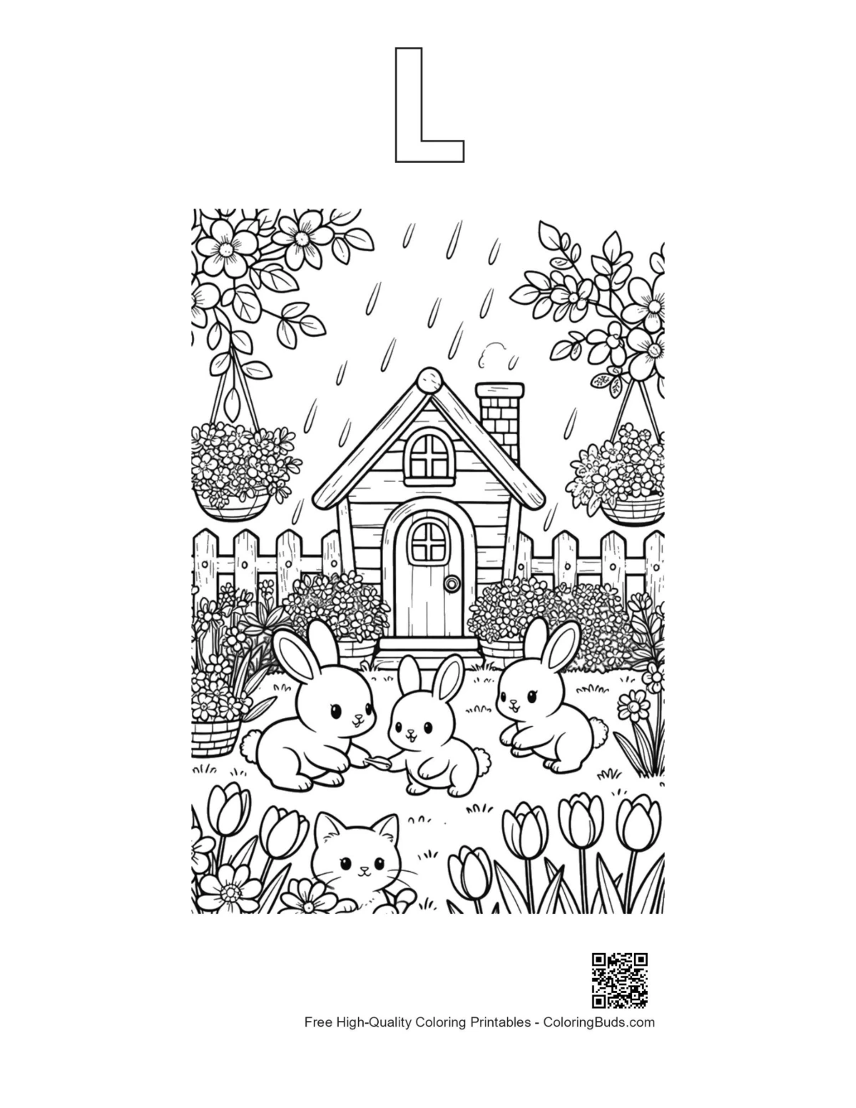 Flowers rain coloring outline with alphabet L
