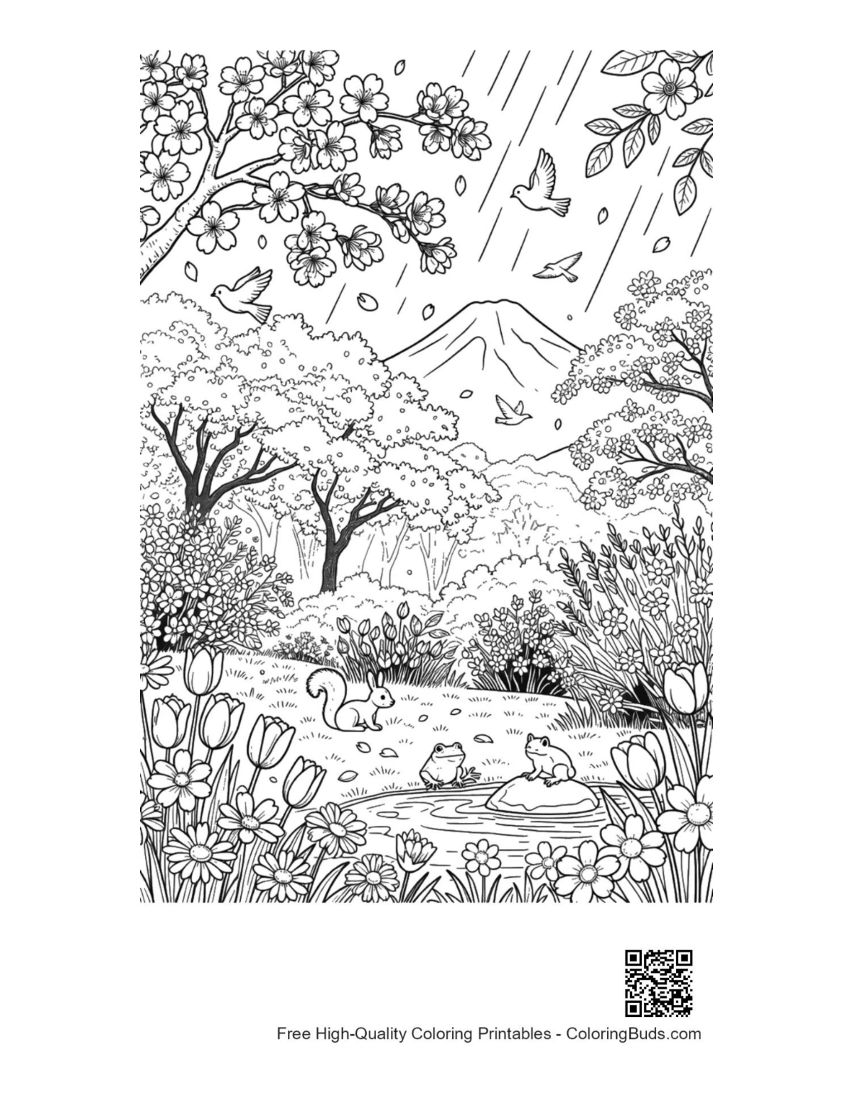 Flowers in rain printable coloring page