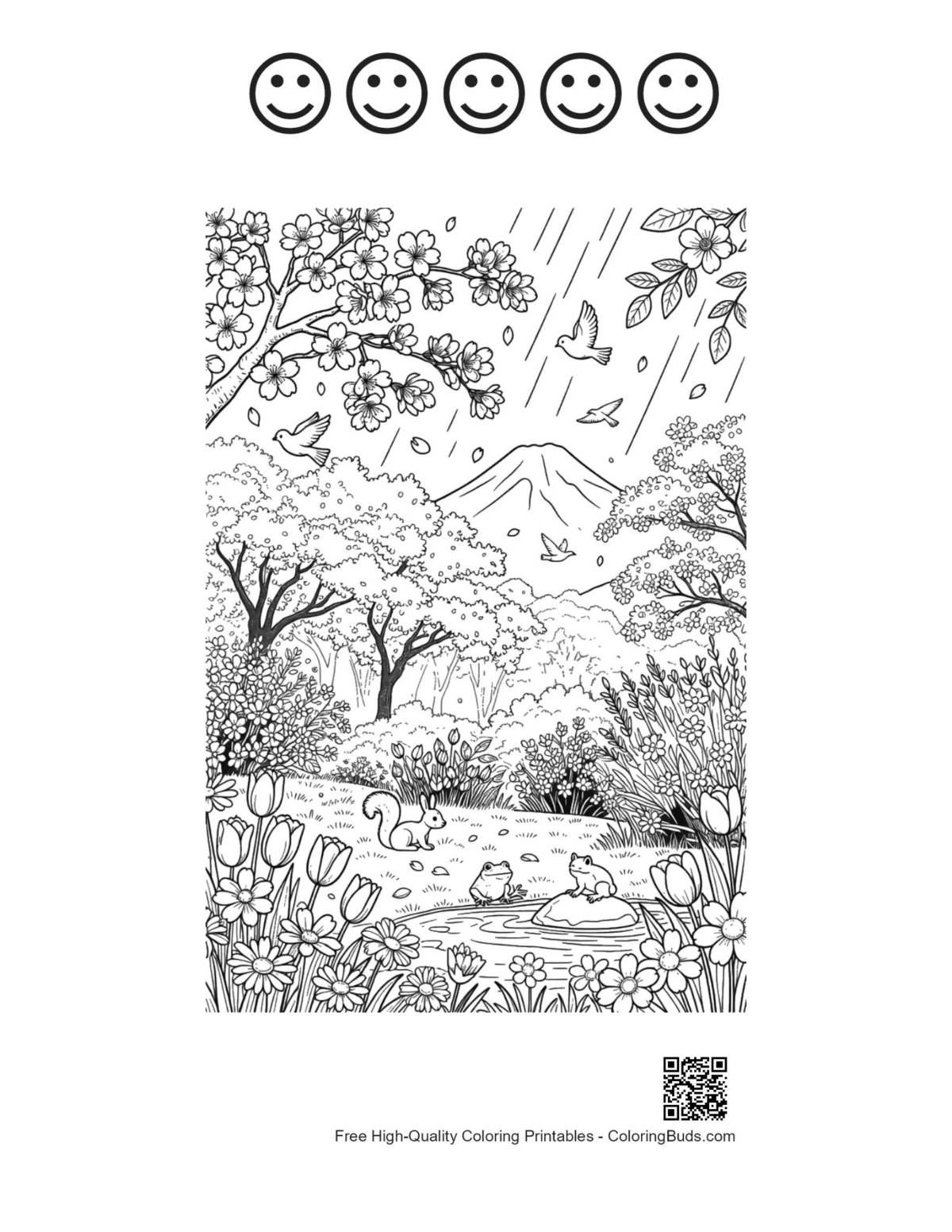 Flowers rain printable 5 happy faces outline
