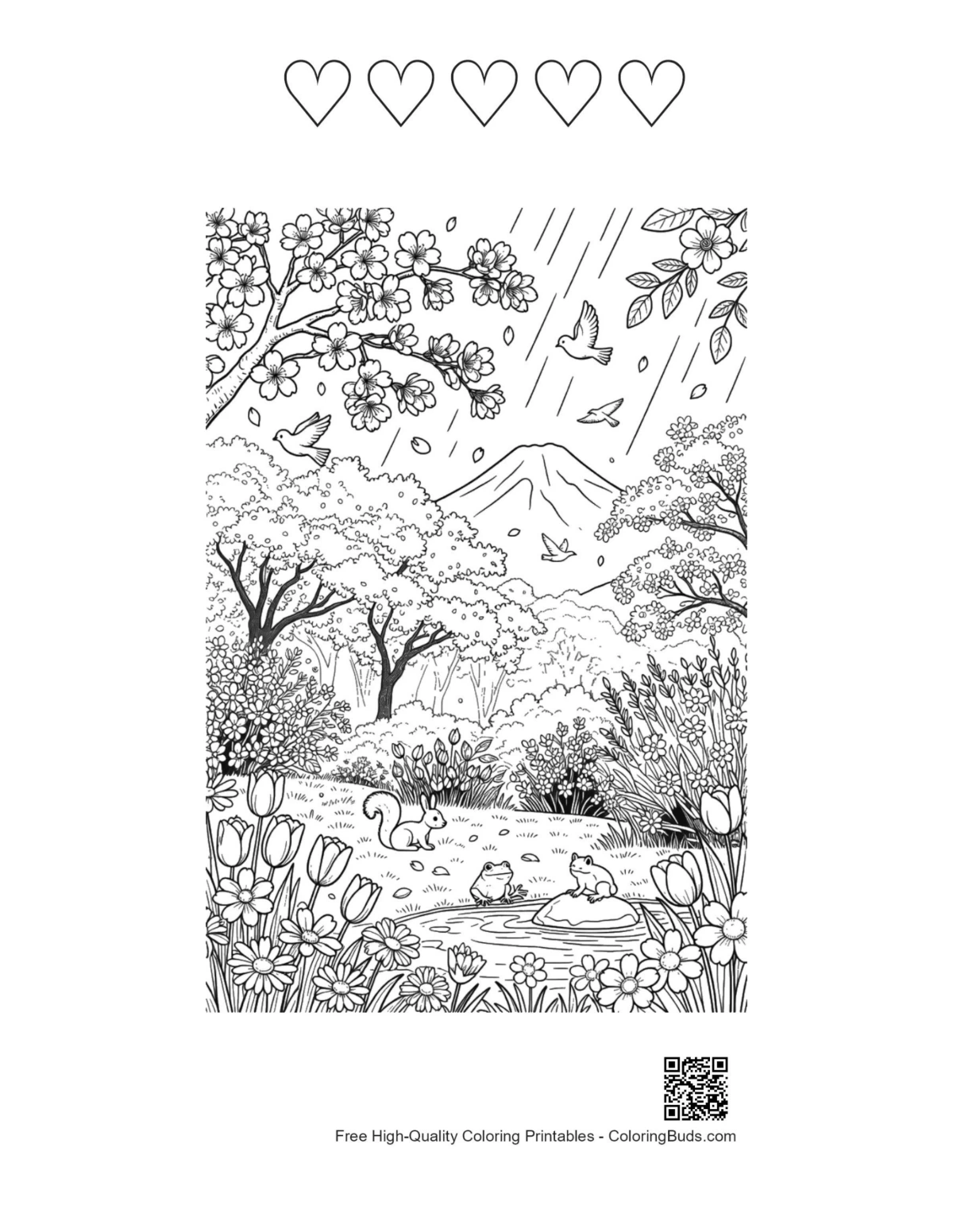 Flowers rain with 5 hearts printable page