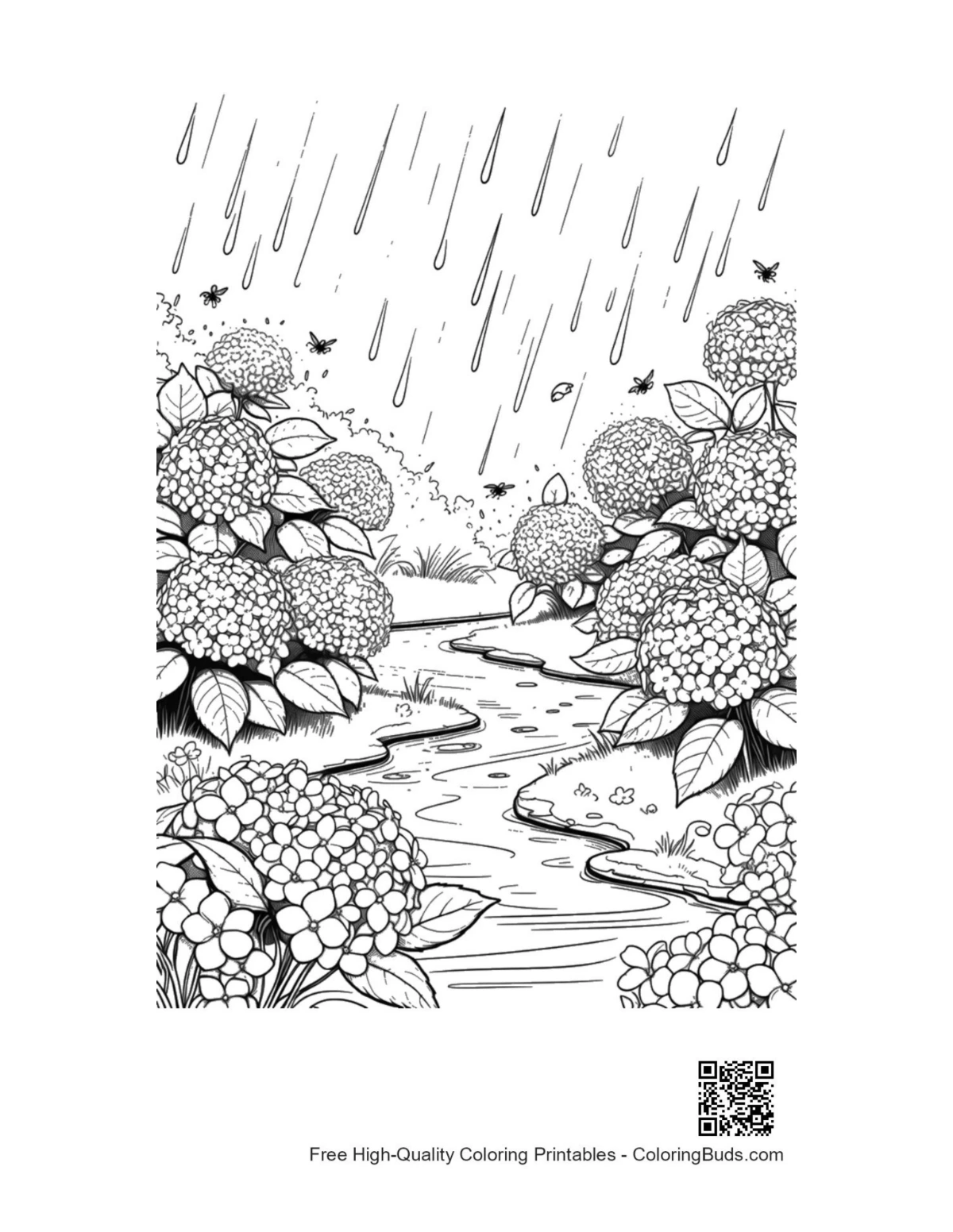 Printable flowers rain coloring page for kids