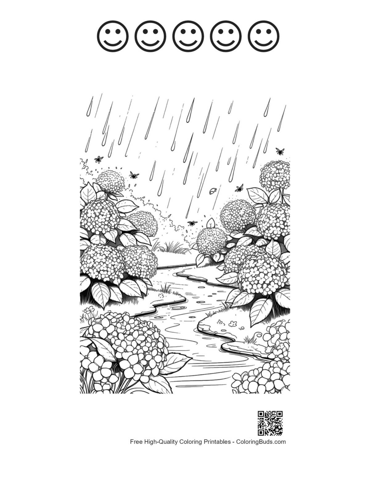 Flowers rain printable 5 happy face outlines