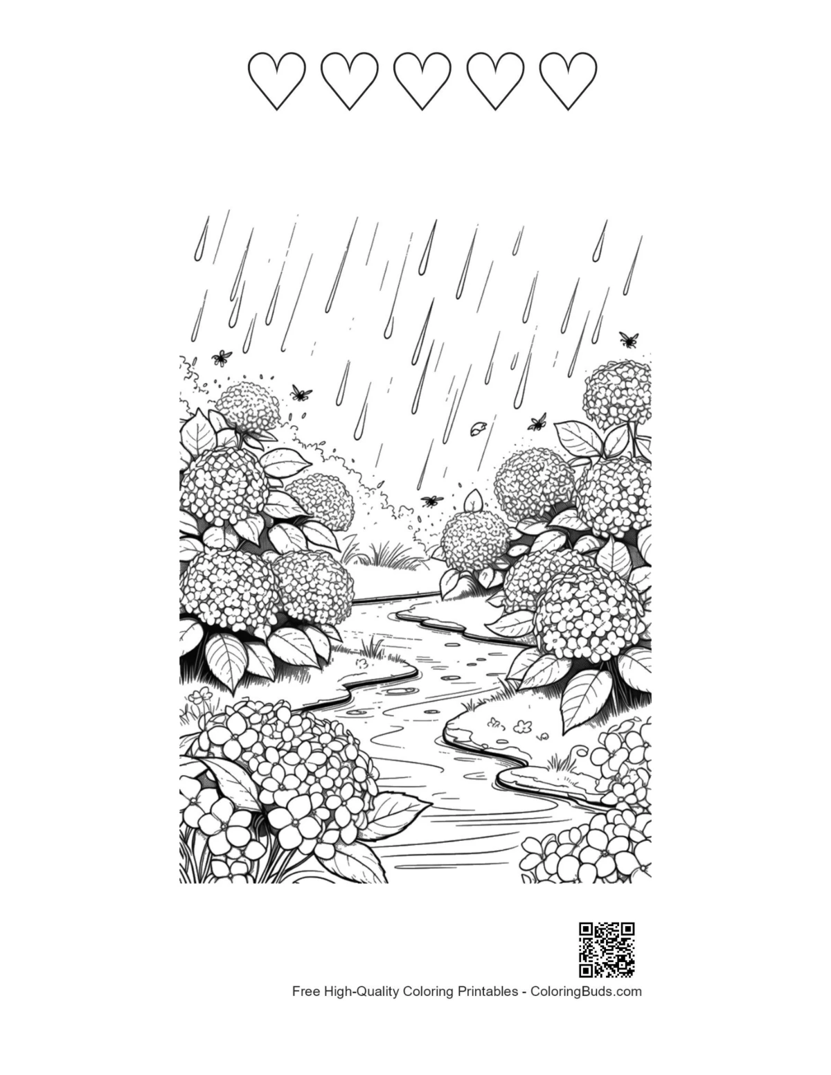 Flowers rain coloring with 5 heart outlines