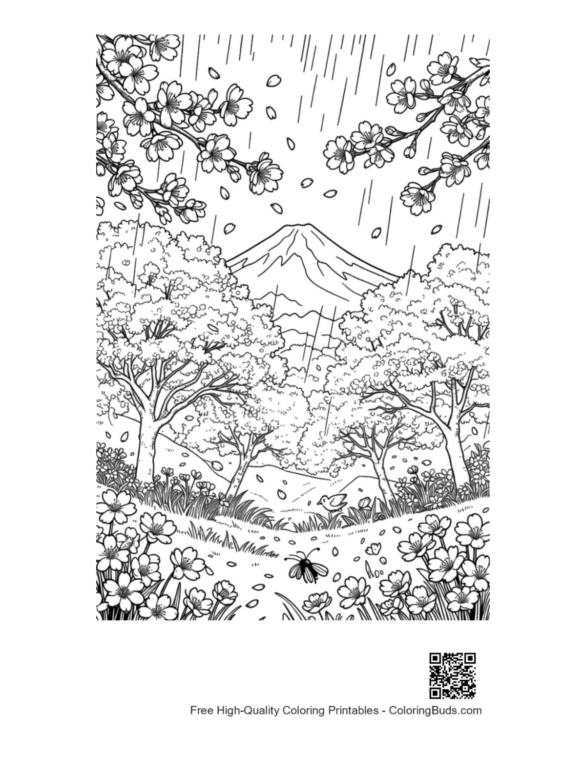 Forest trail blooming flowers rain printable coloring page