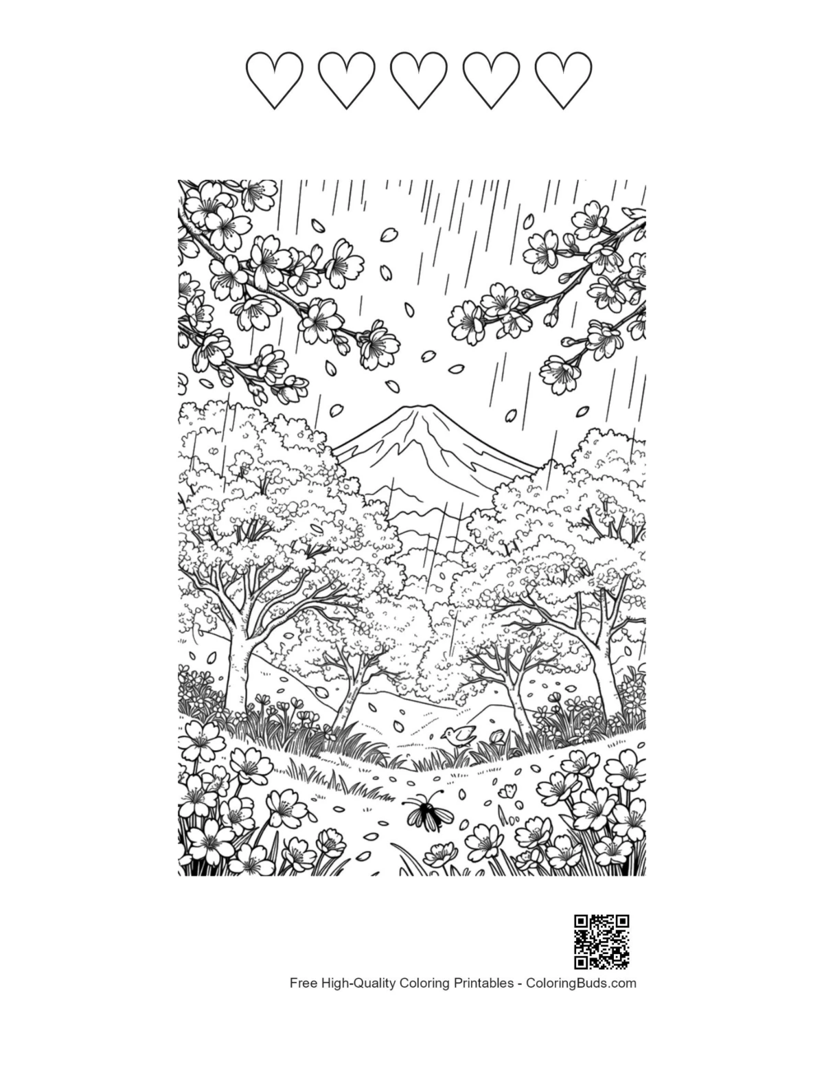 Forest trail flowers rain 5 heart outline printable