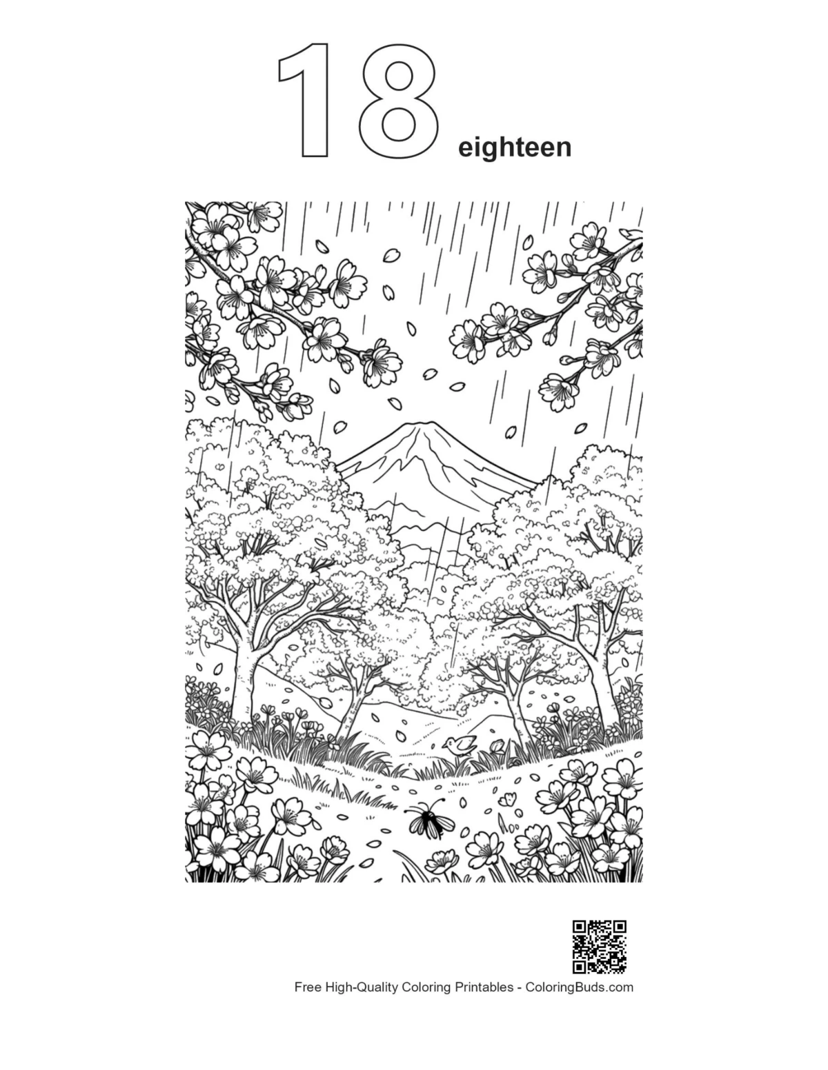Forest trail flowers rain outline number 18 printable